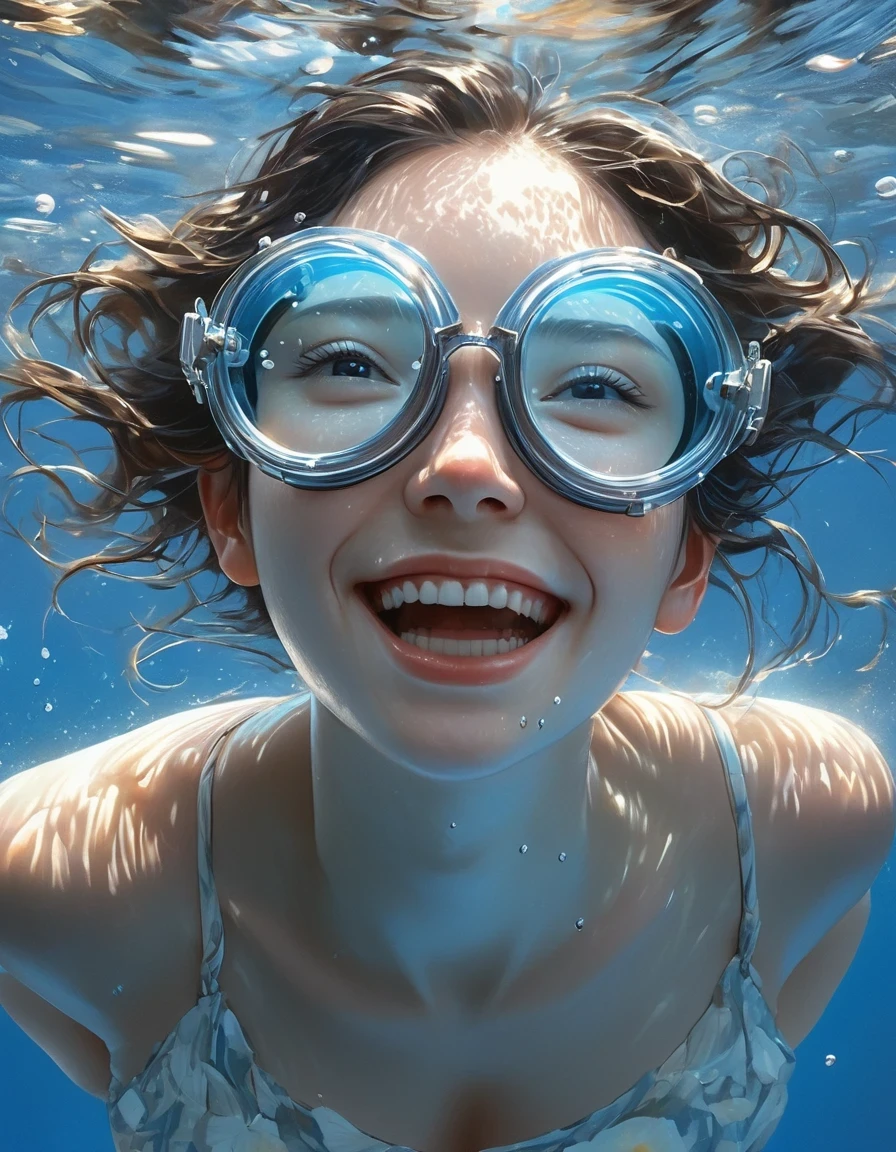 in style of Abigail Larson, beautiful details，girl swims underwater,diving， in the style of otomo katsuhiro, in a realistic hyper detailed render style, smile, glow, blue, zbrush, diving glasses, hyper realistic oil, head close up, exaggerated perspective, tyndall effect, water drops, mother of pearl iridescence, holographic white, blue background, realistic,