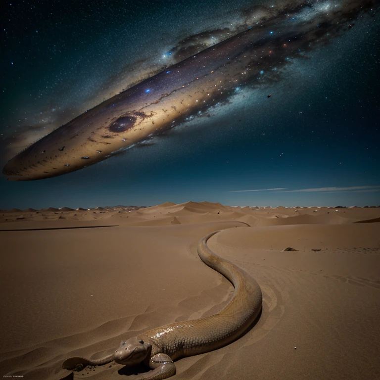 Una serpiente en el desierto y en el cielo se ve una galaxia