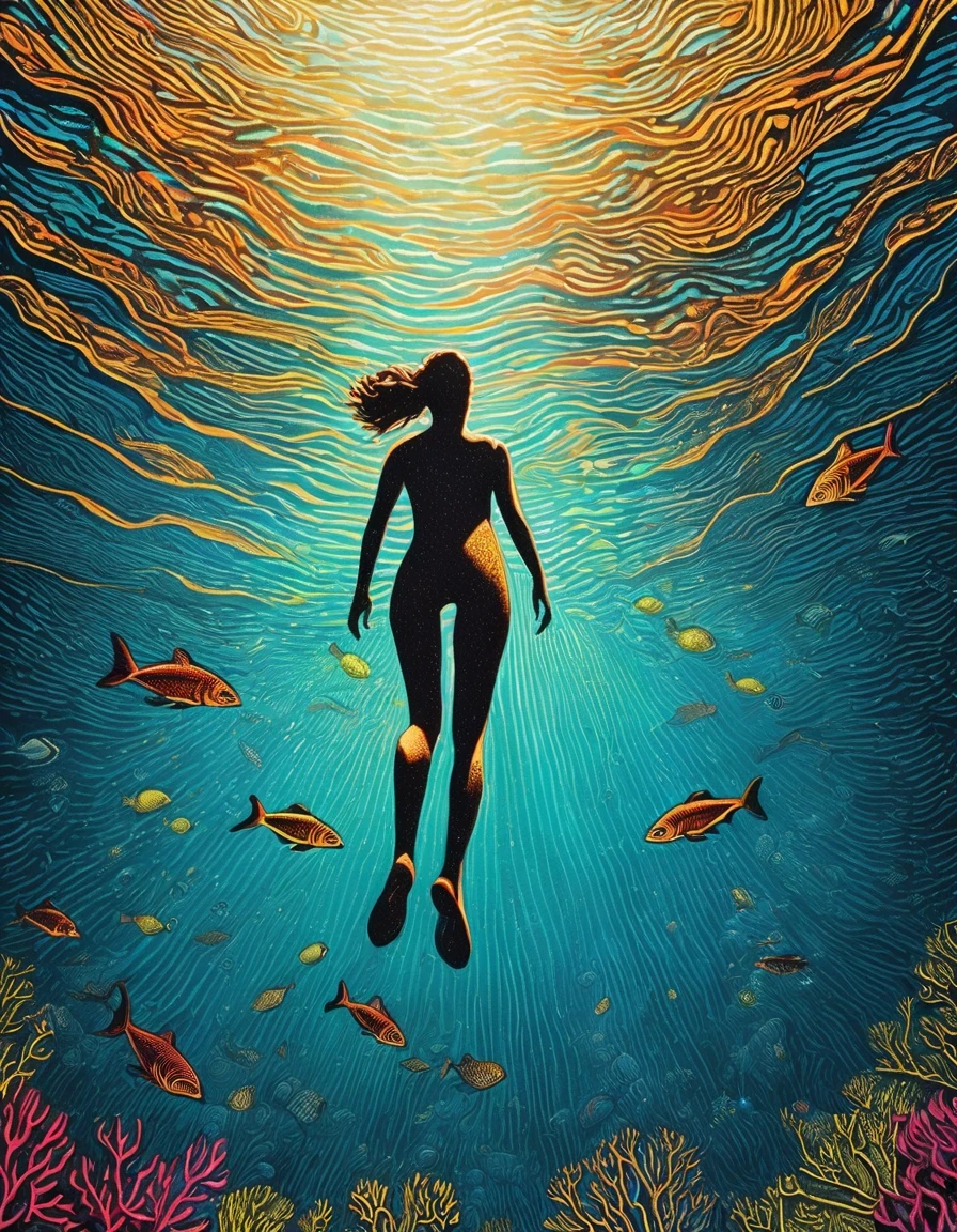 A woman swimming in the ocean with fish and corals - SeaArt AI