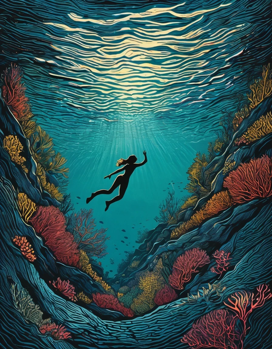 lino cut of a woman free diving towards the lights underwater mobile wallpaper, realistic surrealism, canon eos 5d mark iv, mountainous vistas, super realistic photography,colorful, textured, patterned, fine art print,