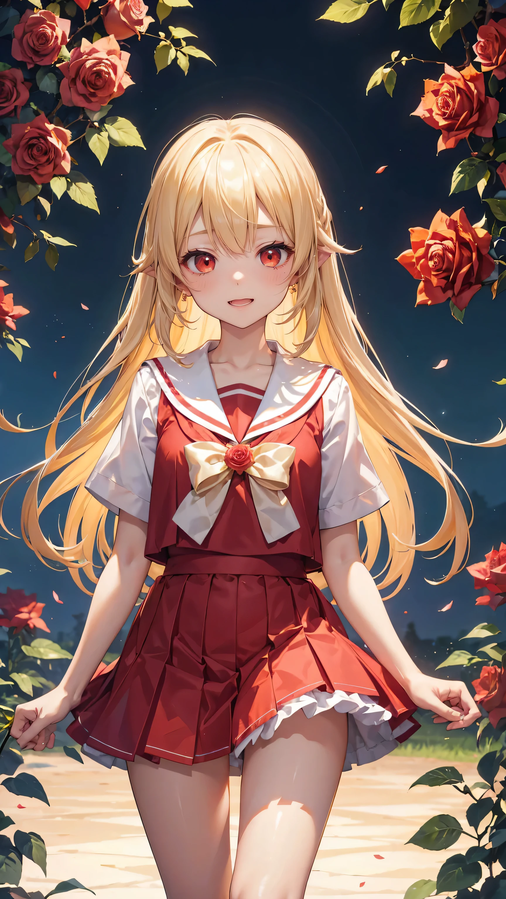Very cute girl、(I'm )、light yellow hair、Shortcuts、Bangs too close to the eyes、Glowing red eyes、(Normal Human Ear)、Thin arms、Beautiful body、Thin legs、Flat Chest、Translucent white skin、smile、Open your mouth、(Sailor suit、Red Skirt).(Rose Garden)、Playing innocently、Ultra HD、Digital SLR,Bust Shot、Many colorful roses blooming in the background、