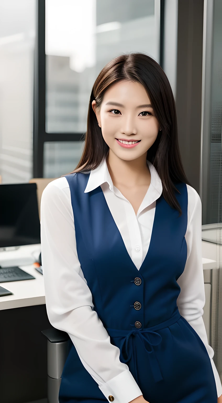 (Masterpiece, BestQuality:1.3), (ultra detailed 8k:1.2), (hyper realistic:1.35),(RAW photo:1.2),High detail RAW color photo, professional photograph, (Photorealistic:1.45), (realistic:1.4), BREAK 1girl, (beautiful girl:1.3), japanese Business woman,(Dynamic Pose: 1.2),(bewitching smile:1.3), (super beautiful woman:1.3), beautiful skin, detailed black eyes, detailed face, white shirt with collars, waist up, upper body,20 yo,office lady, BREAK at office floor, profesional lighting,PC desk