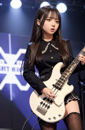 full body, best detailed girl, sharp focus, (standing on one leg:1.2), beautiful detailed fullbody, detailed long hair, messy hair style, beautiful face, xd, open mouth, thighhighs, (electric bass:1.3), (A scene where an electric bass is played violently:1.3),white court dress, Tokyo Dome, backlight,