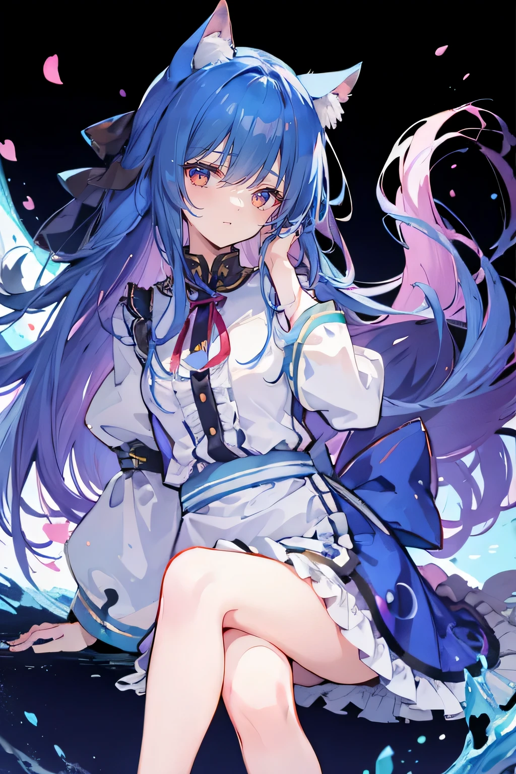 (masterpiece:1.2),Super detailed,Practical,expressive eyes,Fair skin,Perfect face shaping,1 Girl,
Japanese cartoons,Gorgeous blue hair, the long flowing blue hair,Floating clothes,Cat ears,Petals falling,beautiful lola,Young Angel,
Hands on waist,sit elegantly on the ground,Cross your legs,Gentle and peaceful background,Cool and cozy pavilion,Sunset,