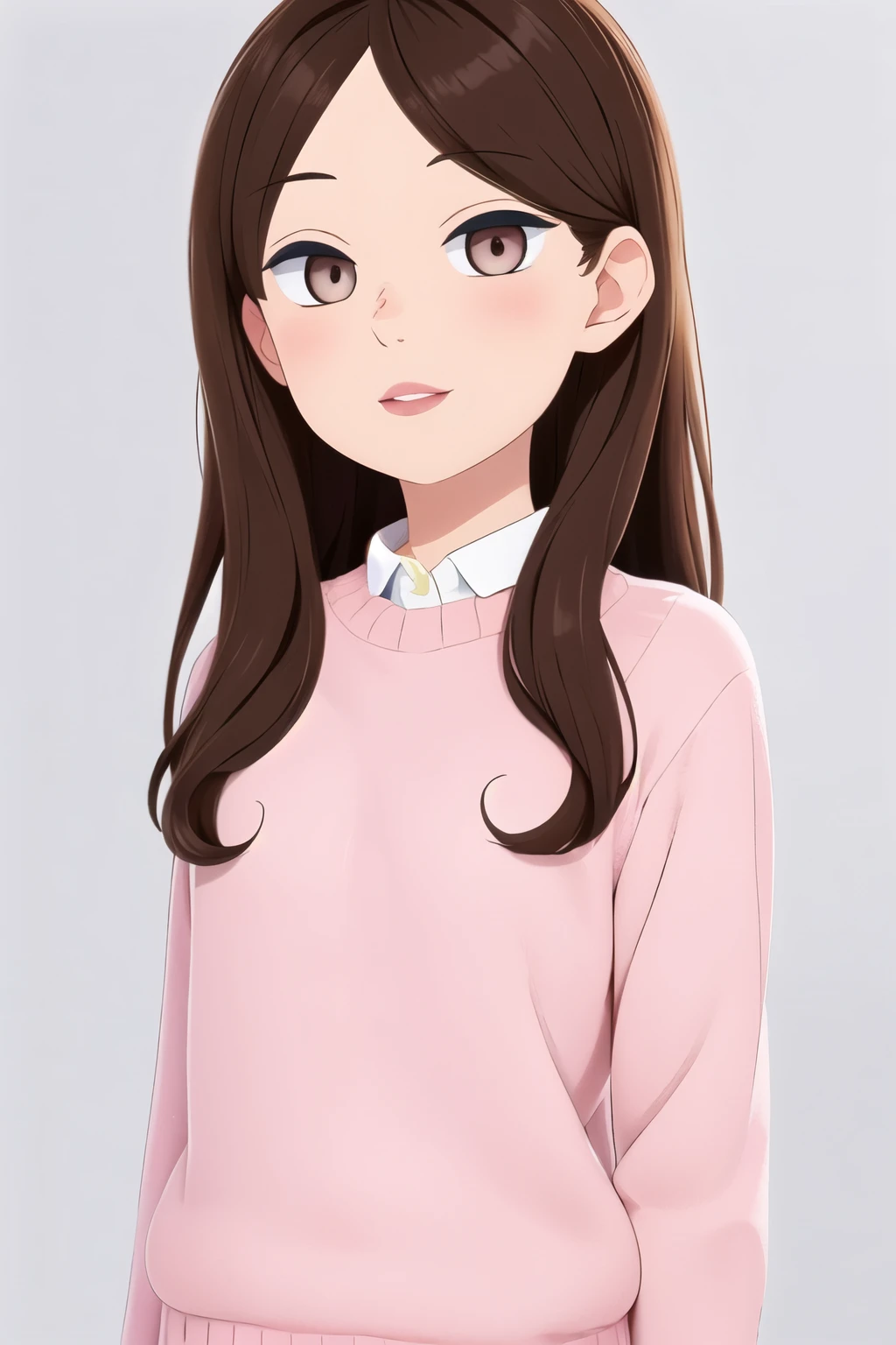 Girl, long brown hair, gray eyes, sharp features, white skin, pink lips, sweater