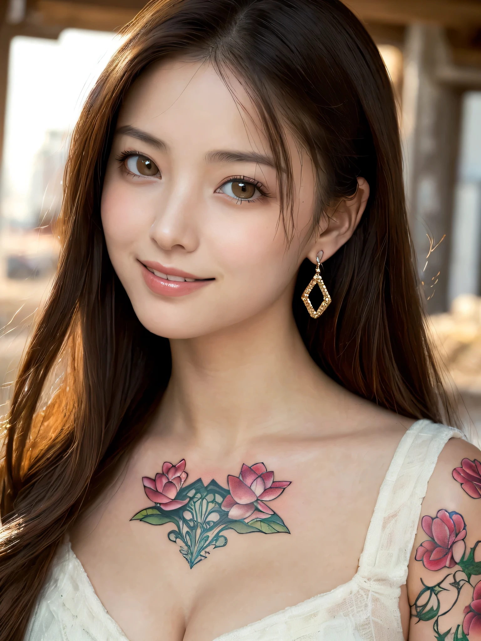 (sfw:1.5)、High resolution symmetrical images, Girl and Horihada, Yakuza, Japanese Mafia, Movie photo of Japanese cartel leader with tattoos on waist, chest and arms, Cleavage、((Close-up face:1.8))、Upper body portrait、(((Full body tattoos)))、 (Lotus tattoo)、 ((Close-up chest:1.5, Underarm, 胸のAngle from below)), Blonde braids, short hair, ((Art Nouveau)), (Ecstasy Face), (Alphonse Mucha), Small earrings, ((on the road, wood, Buildings in medieval Europe)), Angle from below、(Anatomically correct)、（Perfect body proportions)、(Natural Hands、Natural Fingers)、(Breast Goddess, Woman born from flowers, ((Round face)), Realistic Eye Size, Droopy eyes, smile,I&#39;m bathed in dazzling light