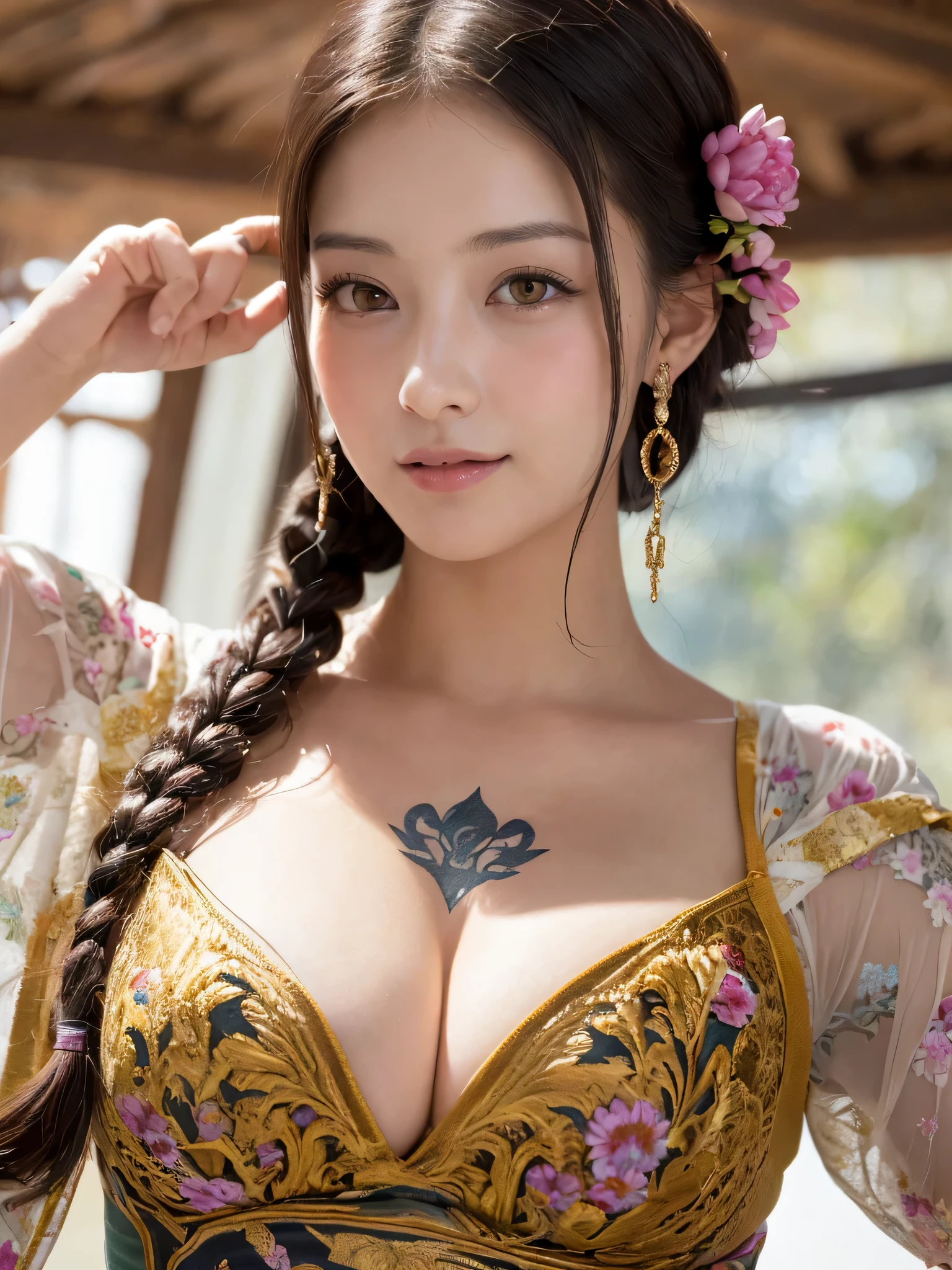 (sfw:1.5)、High resolution symmetrical images, Girl and Horihada, Yakuza, Japanese Mafia, Movie photo of Japanese cartel leader with tattoos on waist, chest and arms, Cleavage、((Close-up face:1.8))、Upper body portrait、(((Full body tattoos)))、 (Lotus tattoo)、 ((Close-up chest:1.5, Underarm, 胸のAngle from below)), Blonde braids, short hair, ((Art Nouveau)), (Ecstasy Face), (Alphonse Mucha), Small earrings, ((on the road, wood, Buildings in medieval Europe)), Angle from below、(Anatomically correct)、(Perfect body proportions)、(Natural Hands、Natural Fingers)、(Breast Goddess, Woman born from flowers, ((Round face)), Realistic Eye Size, Droopy eyes, smile,I'm bathed in dazzling light