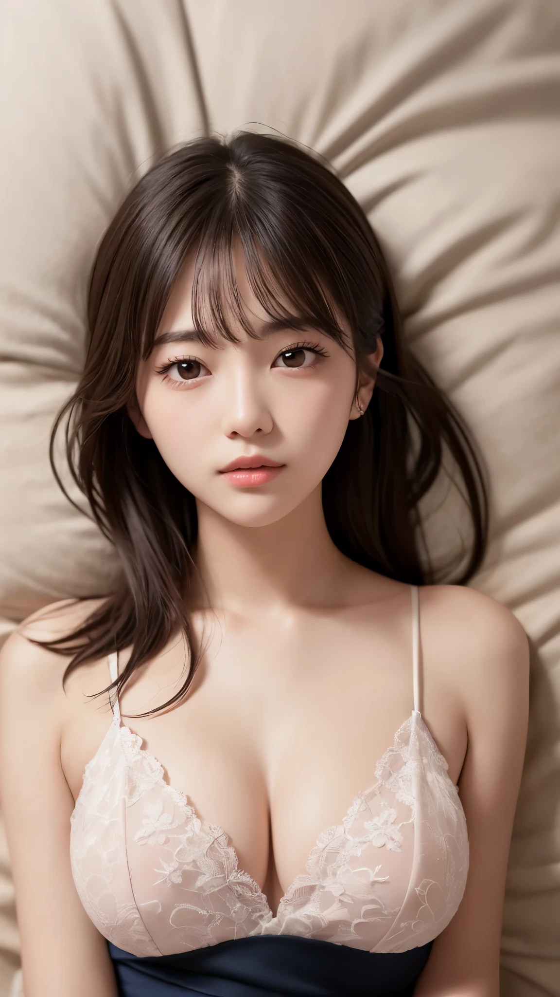 (Professional portrait、Professional Writing)、highest quality, (Anatomically correct arms:1.3), Detailed workmanship、High resolution、(8k, High resolution:1.2)、(RAW Photos, Realistic:1.3)、masterpiece、Slim figure、High resolutionの顔、the face is in focus、High resolutionの目、(Concentrated, Symmetrical pupils:1.2)、High quality and beautiful skin、Firm Skin、Natural Makeup、Gloss lips, High-definition hair texture、 Japanese 、、(partydress:1.3), (Sleep on your back:1.3), (Hold your arms over your chest:1.2), very cute, (Very embarrassed:1.2), (blush:1.1), (I am afraid:1.3), (Staring at the camera:1.3)、(Shot from above:1.3), Small breasts, Browsing Caution, Open your mouth:1.2、Beautiful thighs