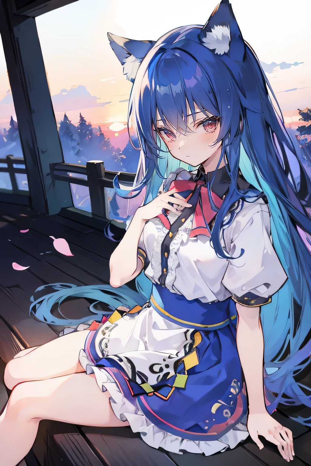 (masterpiece:1.2),Super detailed,Practical,expressive eyes,Fair skin,Perfect face shaping,1 Girl,
Japanese cartoons,Gorgeous blue hair, the long flowing blue hair,Floating clothes,Cat ears,Petals falling,beautiful lola,Young Angel,
Hands on waist,sit elegantly on the ground,Cross your legs,Gentle and peaceful background,Cool and cozy pavilion,Sunset,