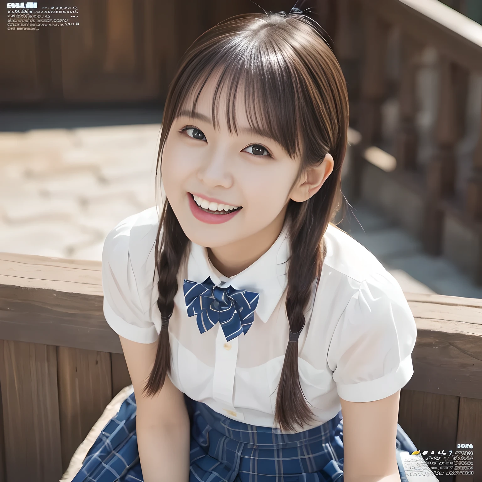 (highest quality、masterpiece:1.2)、highest quality、Realistic、photograph、High resolution、1080p、8K、Fair skin, especially face, Physical Rendering、((Height: 155cm)), one Japanese girl、((((((16 year old beautiful Japanese magazine fashion model looking at the viewer)))))), school summer uniform, (((big very detailed beautiful dark brown eyes))), ((((impressive plain navy large school ribbon bow tie in plain)))), ((((black very beautiful and very very long straight straight hair)))), ((((A light gray box-pleated box-pleated skirt)))), ((A yellow ivory colored blouse with puffed short sleeves and frills)), (((((((laughing cutely and looking at me!))))))), detailed fingers, (((curled blunt bangs))), ((Very large and cute eyes, carefully drawn with great attention to detail)), ((double eyelids)), (((long eyelashes))), ((cute lovely lovely laughing laughing cheeks)), ((Pure white light hits her face from above and in the front, making her skin and eyes shine beautifully.)), ((Strong light hits the nose and cheeks、It brings out the richness of the expression.)), ((The skirt is very cute)), (((((Her facial features are very expressive lovely smile, very very cute, very very intelligent.))))), (((Shooting from the side))), ((Luxury palace staircase))