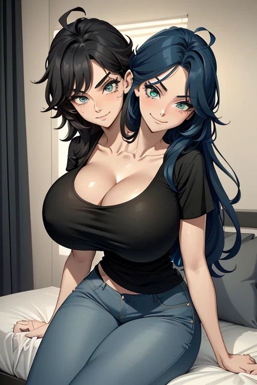 2heads, tall thin woman with 2 heads. Massive breasts. Mature. In a bedroom. Laying down on back. Black T-shirt with colorful band logo. Jeans. Deep cleavage. Messy hair. Happy. Smiling. Blushing. Cool expression, smug. Think eyeshadow. Seductive. Pulling shirt, touching breasts. Huge thighs. Extremely huge breasts. Girlfriend.