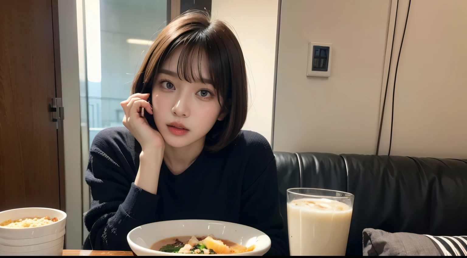 18-year-old,(((Homeless))),Korean women,Tasty looking porridge,eating, ((With bangs,Straight medium bob cut, Nice hair)), Light makeup,Realistic Skin,Realistic texture,８k,whole body,Pale skin,Red iris,Expressionless,Glaring,Perfect Face,(((Big eyes)))