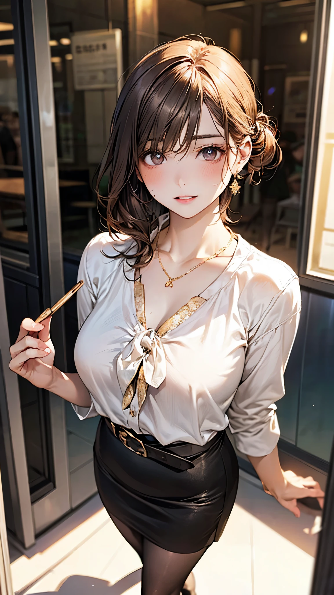 (masterpiece:1.2, top-quality), (realistic, photorealistic:1.4), beautiful illustration, (natural side lighting, movie lighting), , 
looking at viewer, (face focus, upper body), 1 girl, japanese, (office lady:1.2), perfect face, babyface, (perfect anatomy:1.4), cute and symmetrical face, white skin, shiny skin, 
(short hair:1.2, half updo:1.2, light brown hair), asymmetrical bangs, gray eyes, long eye lasher, (large breasts, seductive thigh), slender, 
beautiful hair, beautiful face, beautiful detailed eyes, beautiful clavicle, beautiful body, beautiful chest, beautiful thigh, beautiful legs, beautiful hands, 
(detailed cloth texture, (black blouse, gold pencil skirt, black stockings:1.2), high heels, necklace, black thin belt), 
(beautiful scenery), evening, (office interior), standing, (seductive smile, upper eyes, parted lips), 