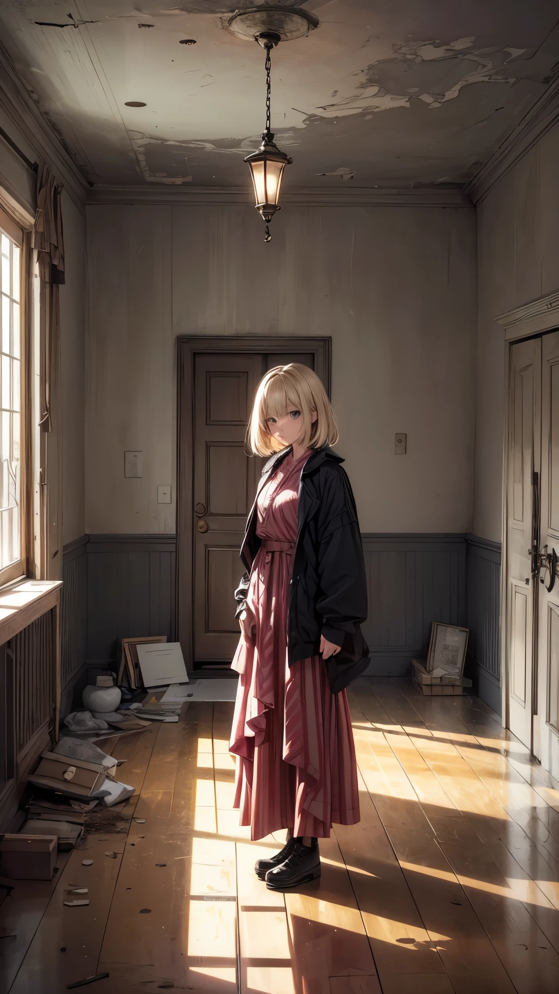 Outside the dark night,Inside the abandoned house,Inside the dark huge room,one woman 20years old,short blonde hair,she’s wearing army’s style,the woman is standing on the dark room,(woman close up)