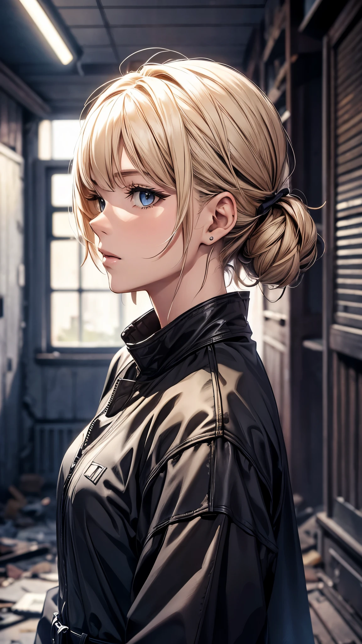 Outside the dark night,Inside the abandoned house,Inside the dark huge room,one woman 20years old,short blonde hair,she’s wearing army’s style,the woman is standing on the dark room,(woman close up)