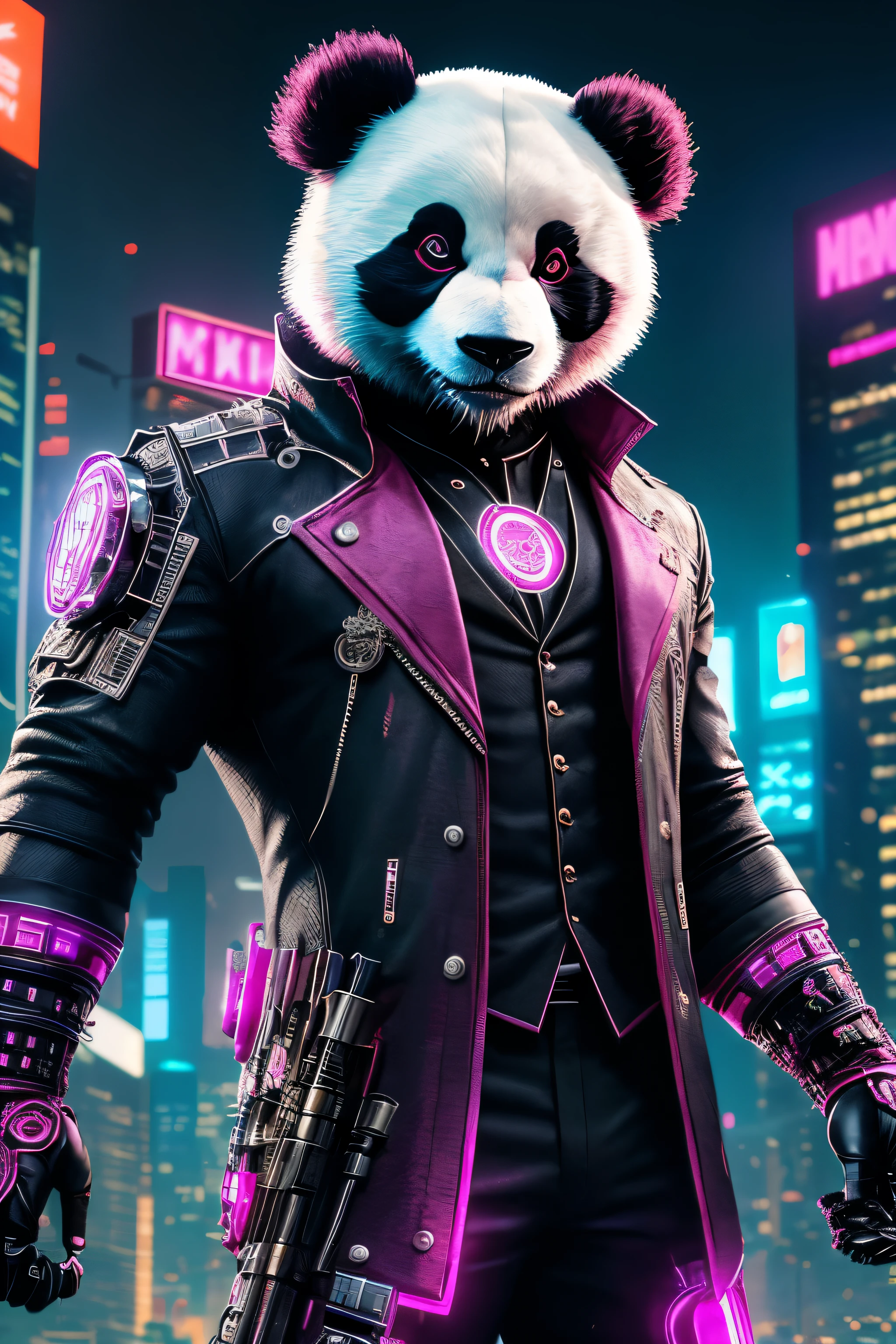 (extremely detailed 8k wallpaper), a medium shot photo of pink cyberpunk Grim dressed as a panda  in a suit made of metal from marvel, horror theme, intricate, high detail, dramatic