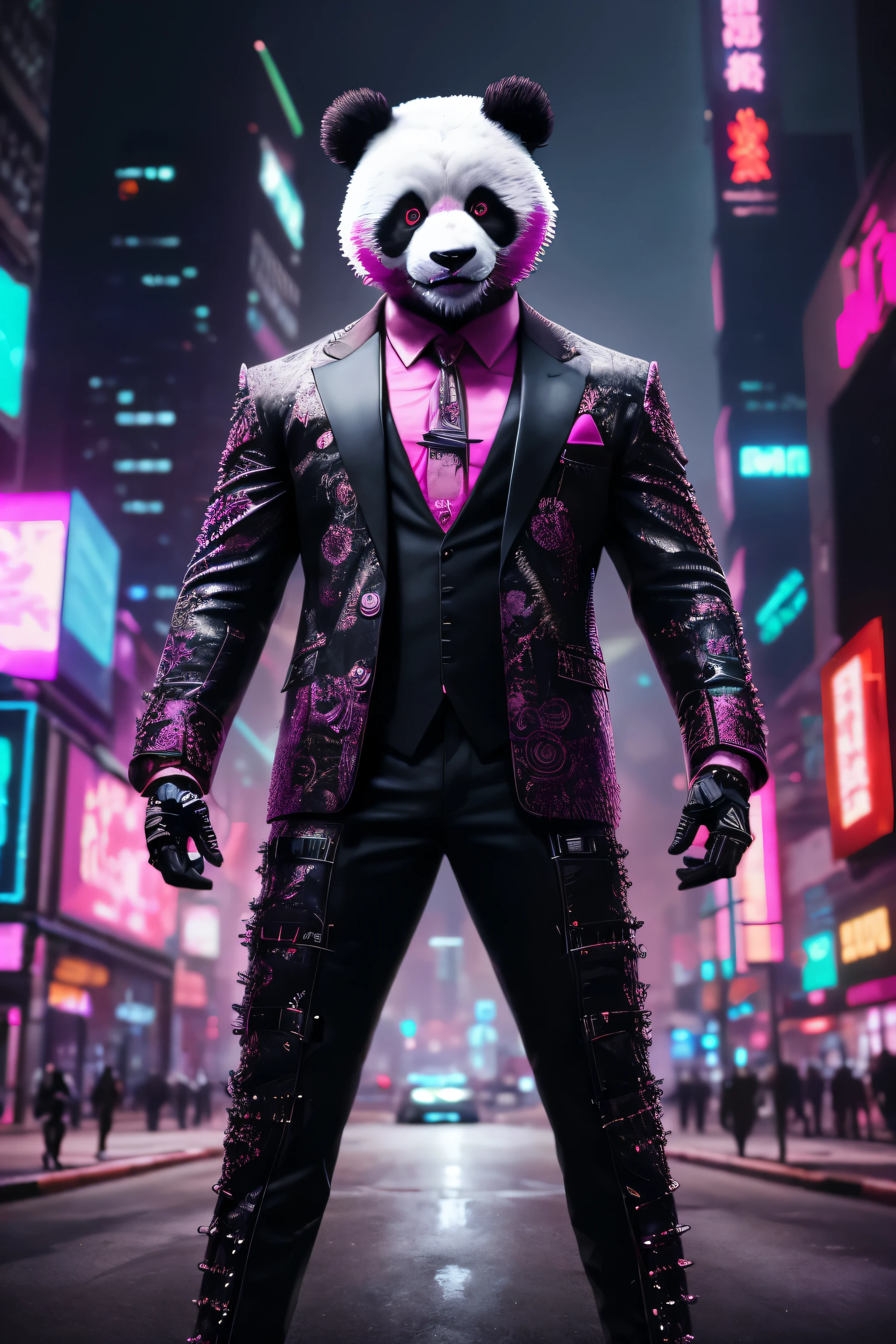 (extremely detailed 8k wallpaper), a medium shot photo of pink cyberpunk Grim dressed as a scary panda in a suit made of metal from marvel, horror theme, intricate, high detail, dramatic