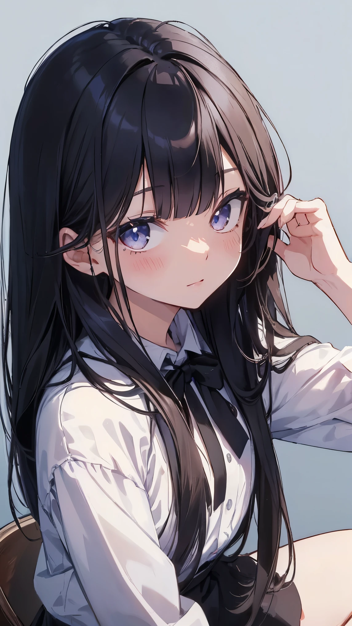 Masterpiece、Highest quality、highest quality、Black Hair、(((Lori)))、 ((Petite))、Shiny hair quality、Small face、Sitting、Super detailed, beautiful, wide eyes、Ultra-detailed, clear and beautiful faces、(cute illustration:1.2), High-resolution, ultra-detailed, best quality, embarrassed
