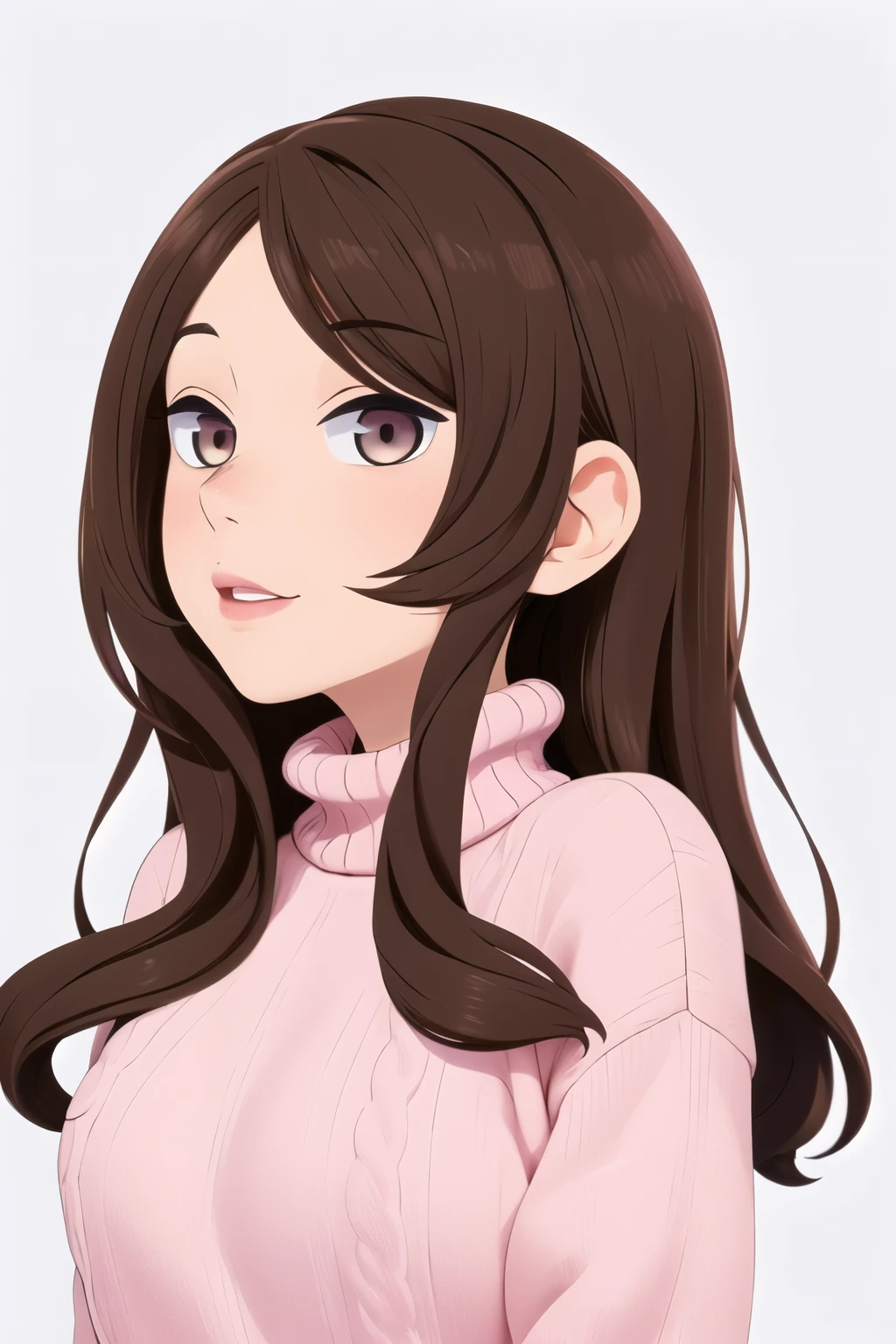 Girl, long brown hair, gray eyes, sharp features, white skin, pink lips, sweater