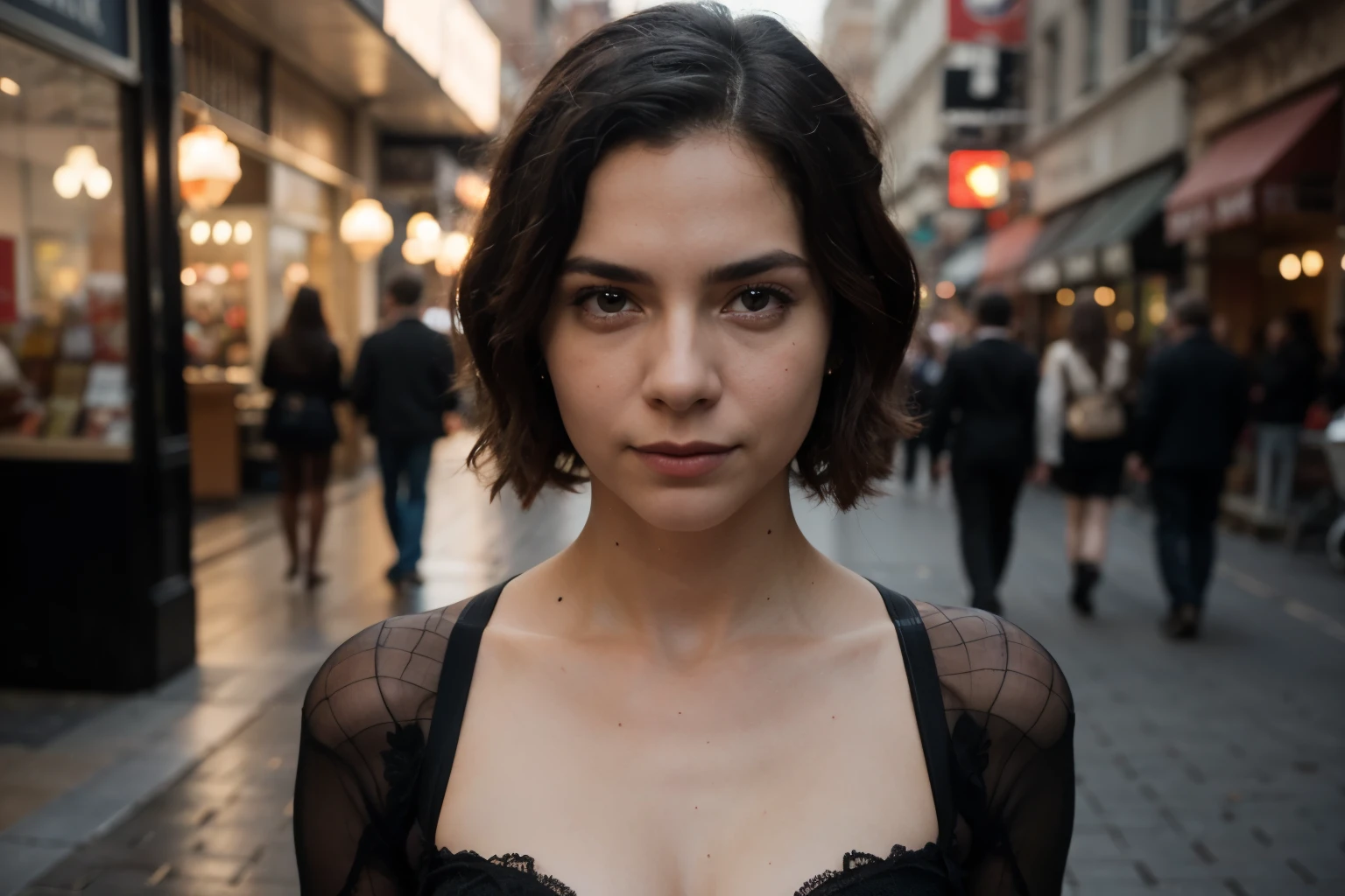 There is a woman in a black dress standing on a street - SeaArt AI
