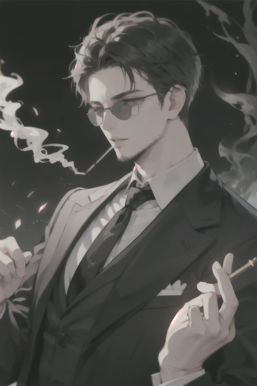 ((best quality)), ((masterpiece)), (detailed), perfect face, Very handsome face. Middle age. Neat beard. Black suit. Black hair. Mafia boss. Upper body only. Sugar daddy. Black tie. a very handsome middle-aged man. 메우 잘생긴 middle-age의 male one person. middle-age. 40s. one person. male one person. half pompadour. middle-age. mister. neat beard. black suit. dark and dangerous atmosphere. boss. Villain. Position of holding a lighter in hand and trying to light a cigarette in one&#39;s mouth. mister one person. one person. 1 person. slightly worn sunglasses. one person.
