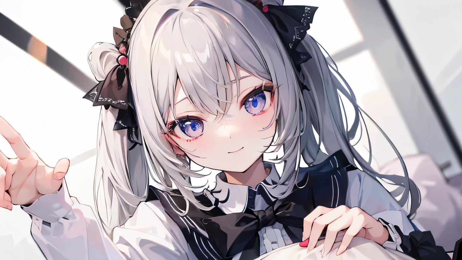 ((masterpiece、highest quality))、1 girl、human、Short Hair、Gray Hair、dress、White、short、Black Shirt、skirt、black skirt、socks、Black socks、anime、cute、Flat Chest、Perfect eyes staring at the viewer、Portrait、smile、Hold the chocolate in front of your face、Embarrassed、background(Mansion),