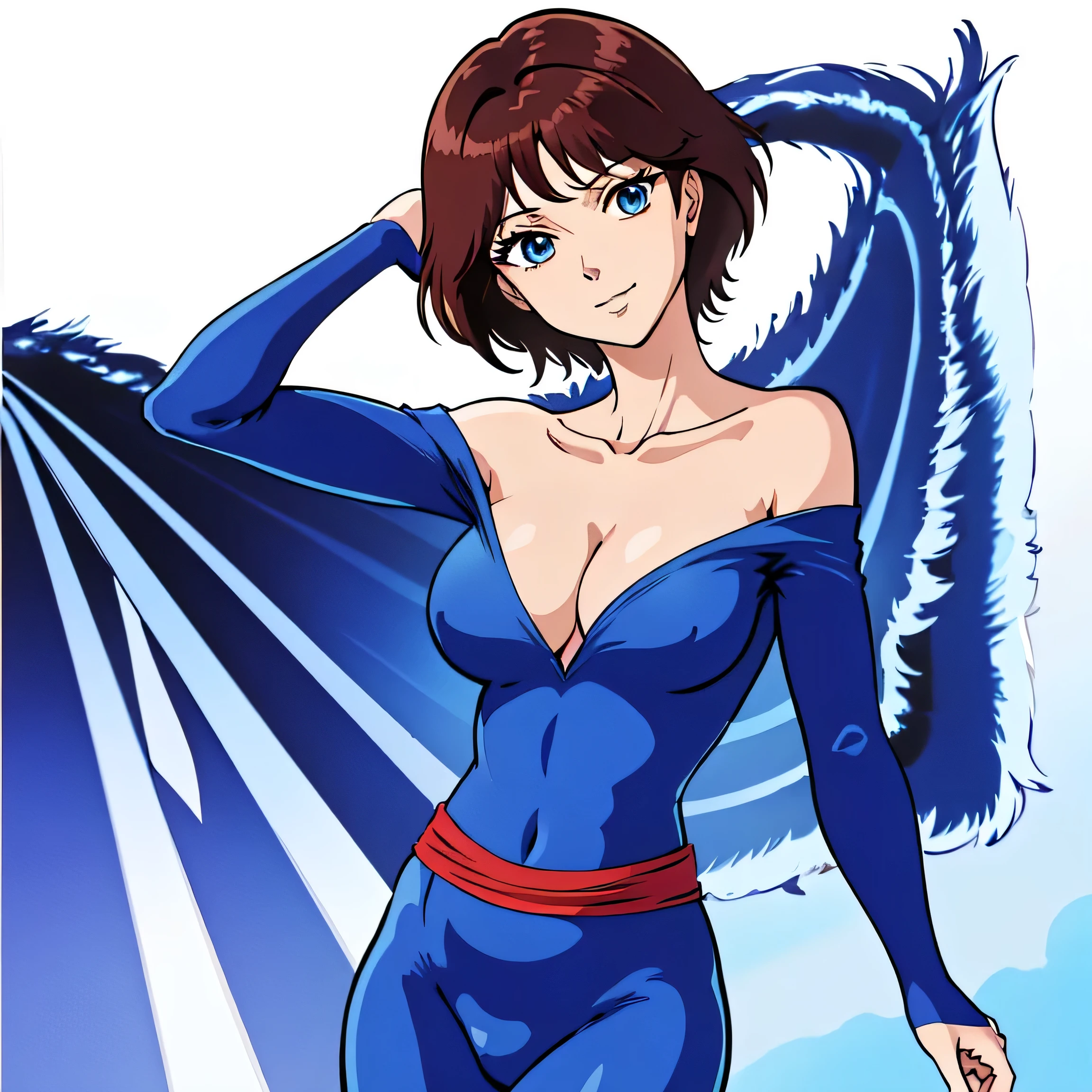 masterpiece、highest quality、Anime Women、solo、Watching the audience、laugh at、Short Hair、Brown Hair、eyelash、Blue Eyes、Big Breasts、cleavage、A woman with very large breasts、collarbone、Red bodysuit、Off the shoulder、Long sleeve、Blue sash、