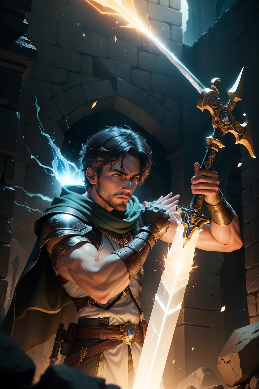 FOMO, with a determined glint in his eyes, successfully wrenches out the ancient and enchanted sword from its stone sheath. He raises it triumphantly above his head, the shimmering light of the enchanted blade casting an ethereal glow across the screen. A burst of radiant energy surges through the air, illuminating the surrounding scene with its magical light. The crowd erupts into cheers, their faces filled with awe and admiration for the valiant hero.