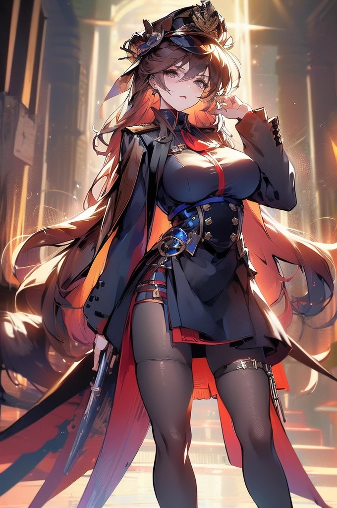 absurd res, high res, (masterpiece:1.4), ultra-detailed, 1girl, from above, space, floating, Chinese dress, black dress, stockings, red hair, blue eyes, hands out of frame,