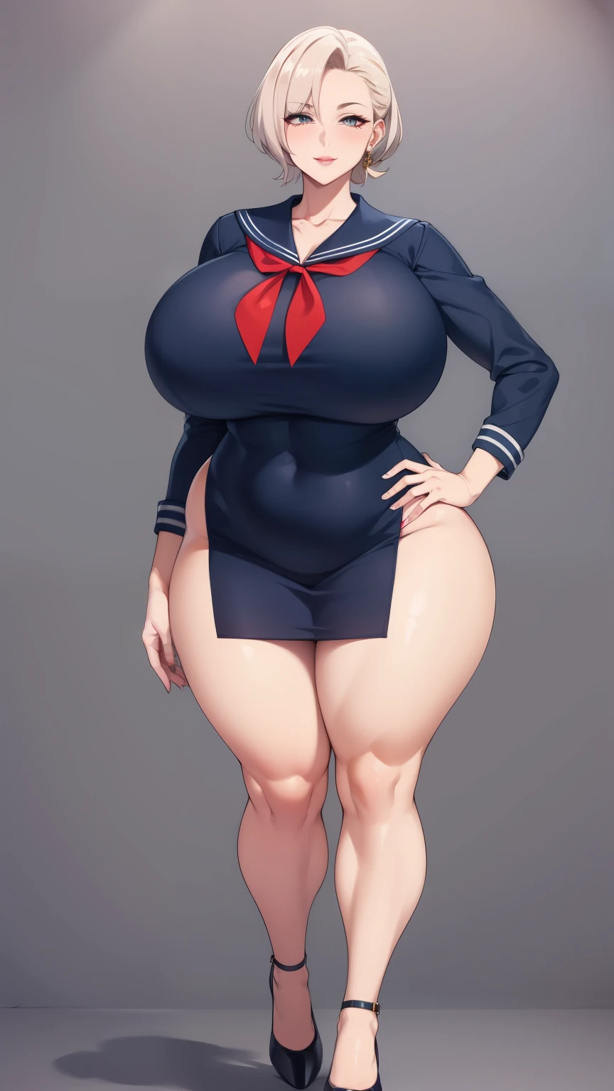 Big Breasts, Big Hips, Full Body Shot, Mature mother, Voluptuous thighs, Full calf, Seductive mature woman, Perfect body, Plus Size Model, Sailor suit, Wearing high heels,Miniskirt uniform,
