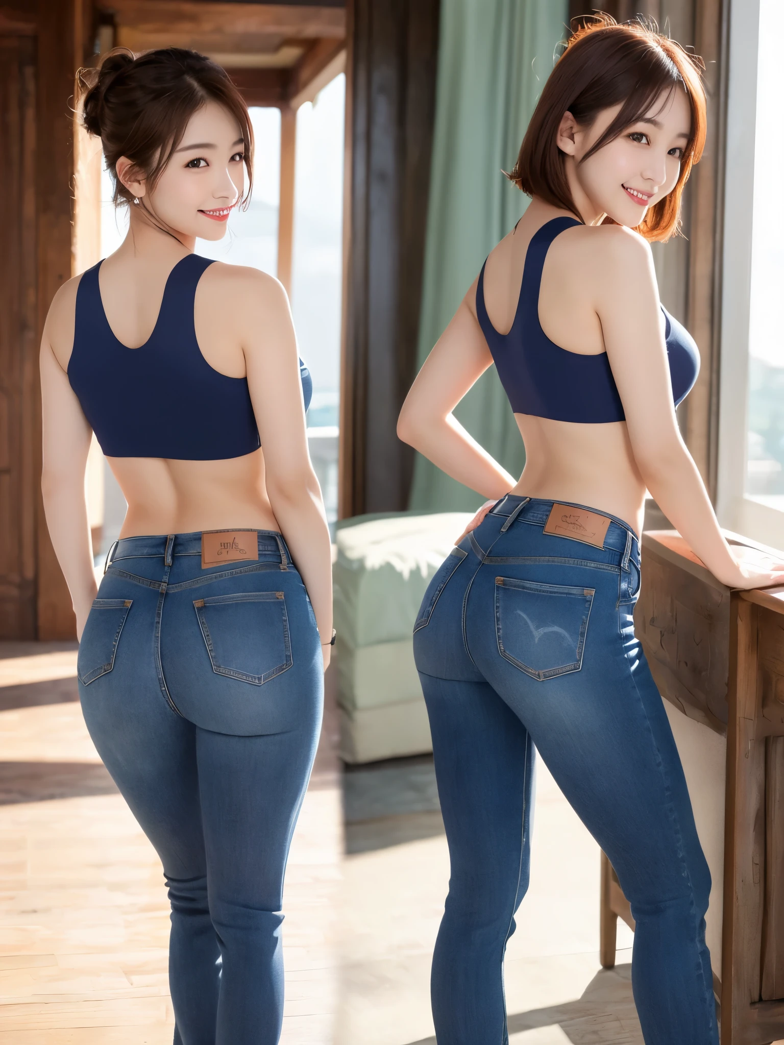 (sfw:1.5)、masterpiece, RAW Photos, highest quality, reality、Depth of written boundary, Cinematic Light, Lens flare, Ray Tracing, Super sexy Maria dresses up （Low cut and tight )、（ultra short distance，Denim hot pants）），((Telegraph slang)),((Long legs)), （Thigh Gap：1.5），Small waist、（Wide Hips），（Big Ass），Cute Korean Girl, K-Pop Idols, 1 girl, (Very slim and slender muscular body:1.3), ((Show Viewer)),(Big smile:1.3),Small waist、（Big Ass），（（White crop top：1.5） Vest with exposed neckline）， short hair, Redhead， reality的， photo shoot， （High resolution）， （Actually：1.4）， （Very difficult）， （Exquisite detail）， Very detailed， High resolution， original， Very detailed 8K 배경화면， highest quality， Detailed face， Very detailedな， RAW Photosgr， Actually， (Very beautiful face, Beautiful Lips, Beautiful Eyes), A face with intricate details, （Plump red lips），((Very detailed 피부)，（Low cut and tight （Flared jeans）），（Thigh Gap：1.5），Small waist、（Wide Hips），（Big Ass）， (Show Viewer:1.3) short hair, Redhead，Open chest, Very slim, Medium Chest, Turn back, (((Buckshot))), , underwear