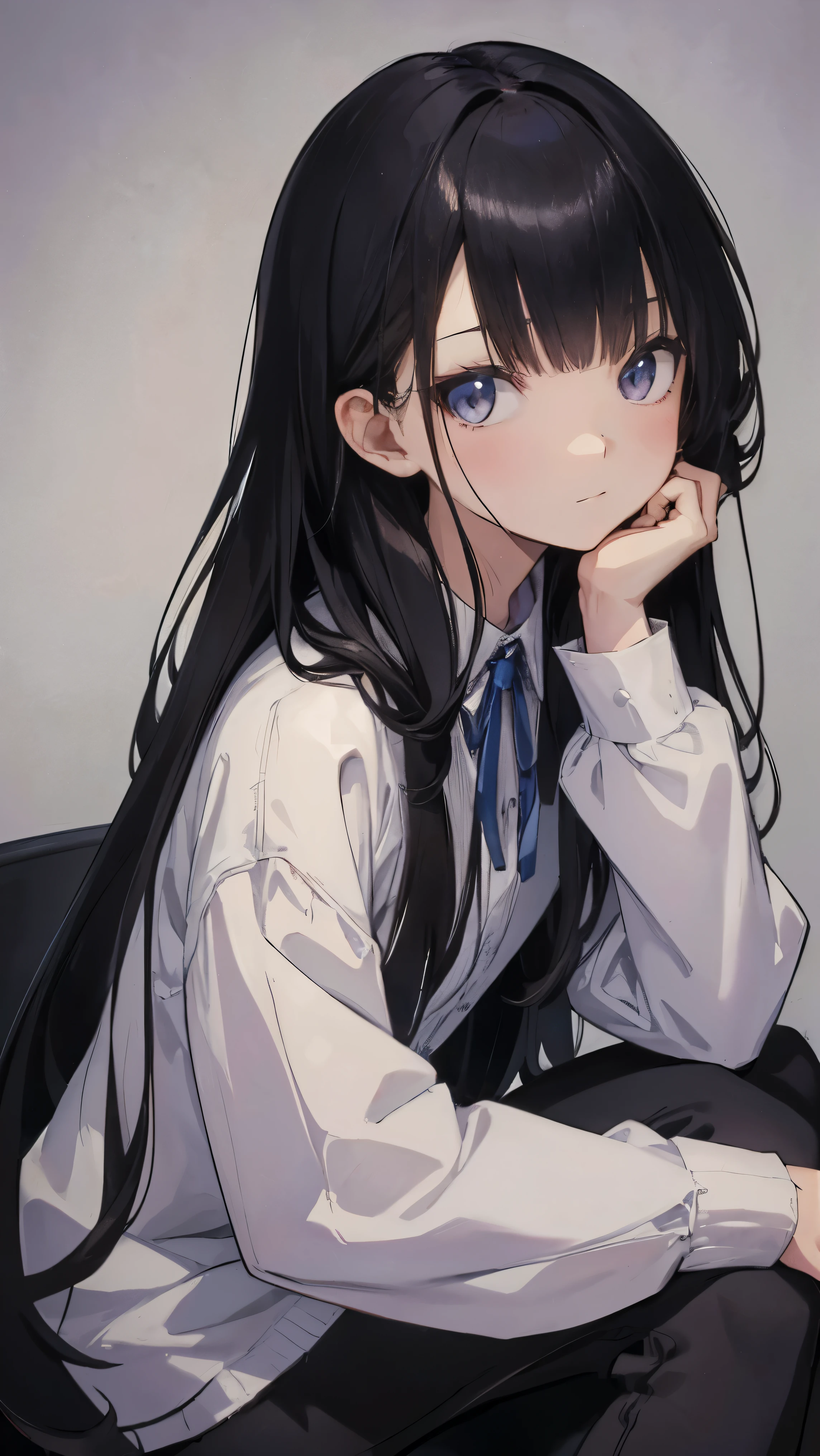 Masterpiece、Highest quality、highest quality、Black Hair、(((Lori)))、 ((Petite))、Shiny hair quality、Small face、Sitting、Super detailed, beautiful, wide eyes、Ultra-detailed, clear and beautiful faces、(cute illustration:1.2), High-resolution, ultra-detailed, best quality, embarrassed