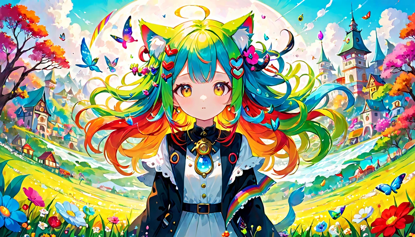 Create a distorted and chaotic landscape with vibrant colors and surreal elements, featuring a cute girl with colorful hair and whimsical accessories.chat ear. long hair,spring