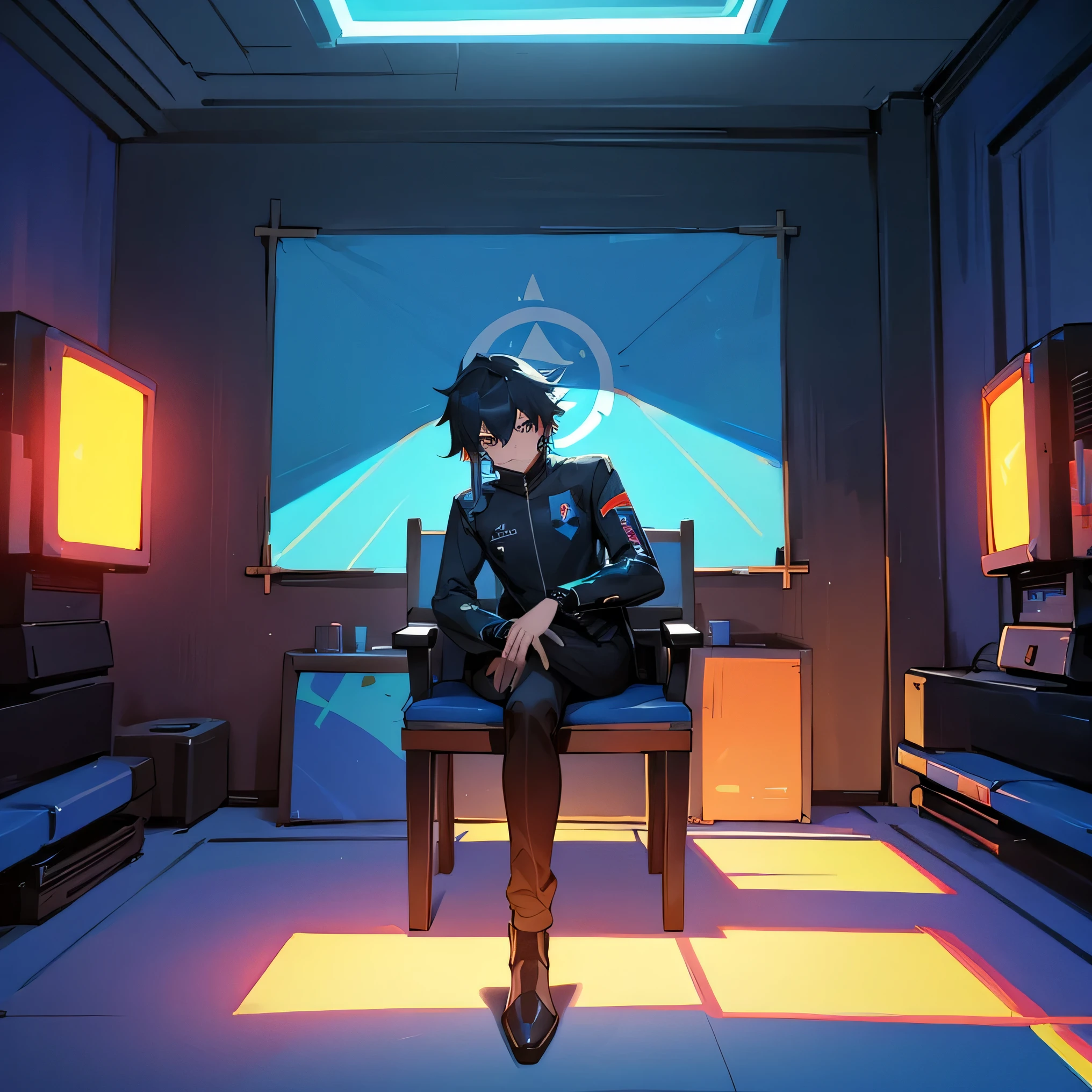 An anime boy with black hair and futuristic clothing in a room playing video games , This room has very bright colors and LED lights. In the room there is a painting with the flag of Guatemala, but you can notice the flag.