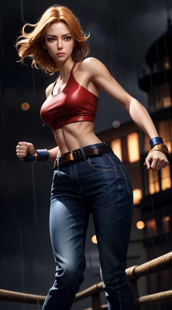 Maryams,best quality,(beauty),masterpiece, 1 Girl,Physically Based Rendering ,Ultra-high resolution,Willow Waist, Skinny,big eyes,Long legs,(Small Breasts),Puffy eyes, night,(rainy city), Glowing skin, For the audience, Fighting Stance, (make a fist),a firm expression,