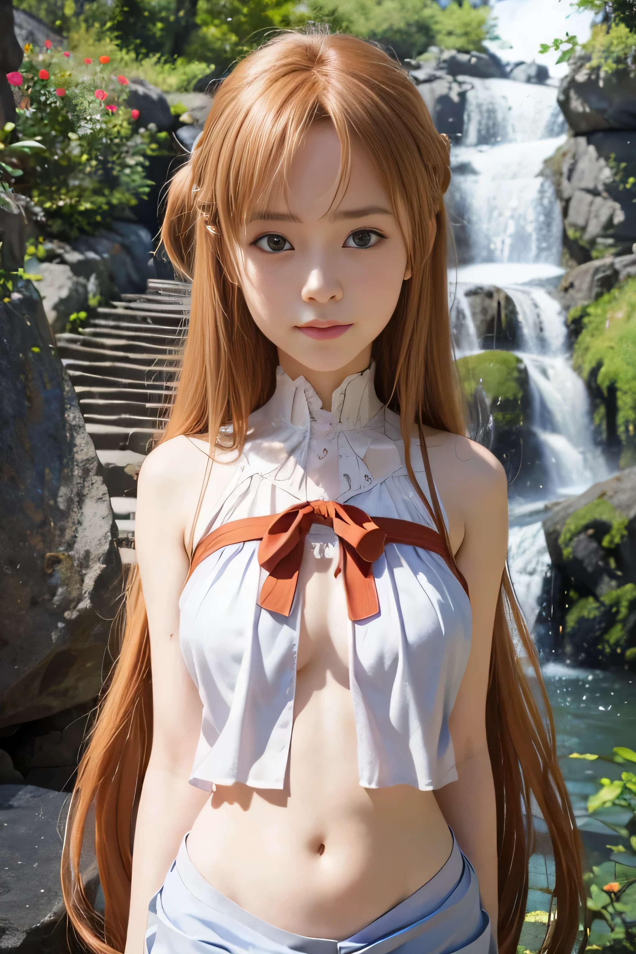 masterpiece, best quality, (realistic,photo-realistic:1.4), (RAW photo:1.2), extremely detailed CG unity 8k wallpaper, delicate and beautiful, amazing,finely detail, official art, absurdres, incredibly absurdres, huge filesize, ultra-detailed,extremely detailed eyes and face,light on face,(little smile),(caramel hair:1.4),(long hair:1.4),(wearing summer clothes:1.5),waterfall,yuuki asuna ,red ribbon