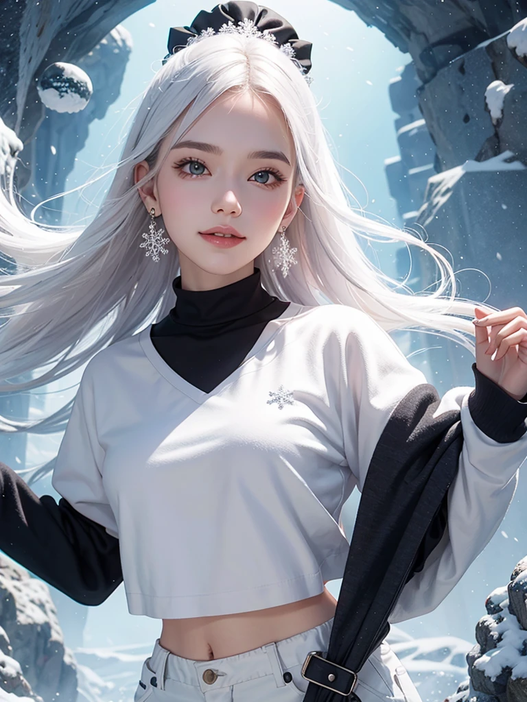 1 woman with a beautiful face, sweet smile, white hair, black eyes, white skin, pink mouth, wearing snowflake pattern earrings, black long-sleeved coat, floating waist, white undershirt, jeans, blue sneakers.