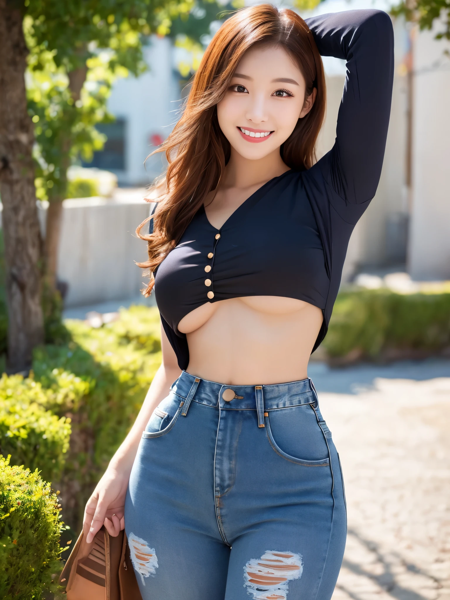 (sfw:1.5)、1 female、masterpiece, RAW Photos, highest quality, reality、Depth of written boundary, Lens flare, (Low cut and tight )、(ultra short distance,Denim hot pants)),((Telegraph slang)),((Long legs)), (Thigh Gap:1.5),Small waist、(Wide Hips),(Big Ass),Cute Korean Girl, K-Pop Idols,(Big smile:1.3),Small waist、(Big Ass),((White crop top:1.5) Vest with exposed neckline), short hair, Redhead, reality的, photo shoot,(Exquisite detail), Very detailed, High resolution, original, highest quality, Detailed face, (Very beautiful face, Beautiful Lips, Beautiful Eyes), A face with intricate details, (Plump red lips),(Flared jeans)),(Thigh Gap:1.5),Small waist、(Wide Hips),(Big Ass), (Show Viewer:1.3) short hair, Redhead,Open chest, Turn back, (((Buckshot))), , underwear