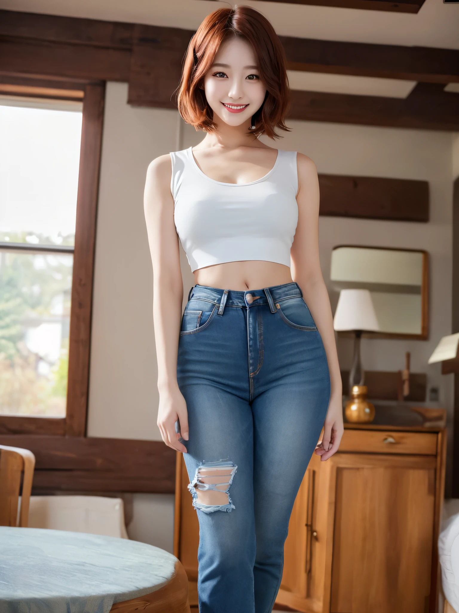 (sfw:1.5)、1 female、masterpiece, RAW Photos, highest quality, reality、Depth of written boundary, Lens flare, (Low cut and tight )、(ultra short distance,Denim hot pants)),((Telegraph slang)),((Long legs)), (Thigh Gap:1.5),Small waist、(Wide Hips),(Big Ass),Cute Korean Girl, K-Pop Idols,(Big smile:1.3),Small waist、(Big Ass),((White crop top:1.5) Vest with exposed neckline), short hair, Redhead, reality的, photo shoot,(Exquisite detail), Very detailed, High resolution, original, highest quality, Detailed face, (Very beautiful face, Beautiful Lips, Beautiful Eyes), A face with intricate details, (Plump red lips),(Flared jeans)),(Thigh Gap:1.5),Small waist、(Wide Hips),(Big Ass), (Show Viewer:1.3) short hair, Redhead,Open chest, Turn back, (((Buckshot))), , underwear