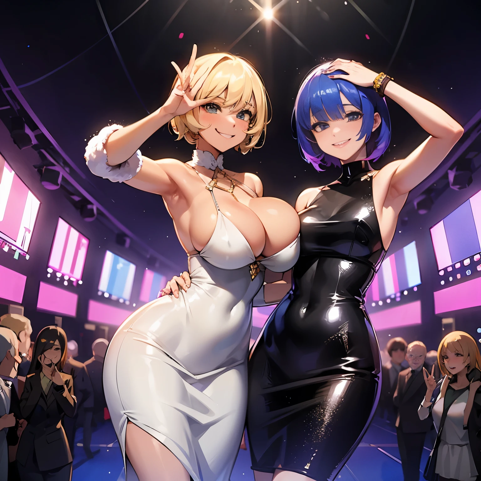 Gals dancing at the nightclub、Sequined Bodycon Dress、Blonde、Short Hair、Layer Color Tan Skin、Eight-headed beauty、Big Breasts、smile、nightclub