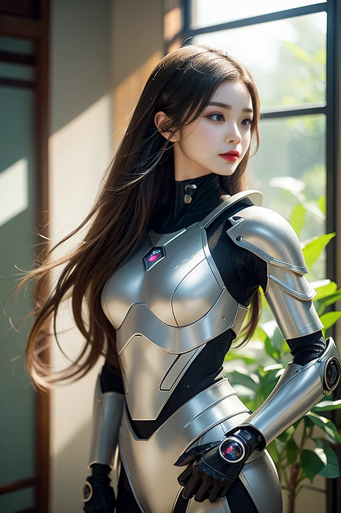 Top quality work, Photorealistic works,Ultra Premium Graphics,8K HD CG works,High-quality graphics,High-definition fine CG works,10x pixel,Ultra-fine details:1.1,Advanced technical details:1.1Photographically realistic,Indoor lighting effects:1.5,Natural light:1.5. light effect(Virtual Light Effects:1.8),超A high resolution ,Transparent hair,High Detail Hair(Premium Hair Detail:1.1)Clear eyes,Good looking double eyelids,Sharp eye makeup, Delicate makeup for eyelashes, Thin eyebrows, ultradetailed eyes,High Nose, lovely red lips, Rose cheeks, Face with delicate makeup , Pretty Face, A perfectly proportioned face,(Advanced facial details:1.1), Women's Artwork,full-body view,Goddess of Dress,,amazing,Today's eyes are bright crafted woman in a futuristic suit holding a sword and a sword, Cute cyborg girl, Girl in Mecha Cyber Armor, beautiful white girl cyborg, gynoid cyborg body, perfect android girl, Perfect Anime Cyborg Woman, Beautiful girl cyborg, Cyborg girl, cyborg - girl with silver hair, armor girl, beautiful alluring female cyborg