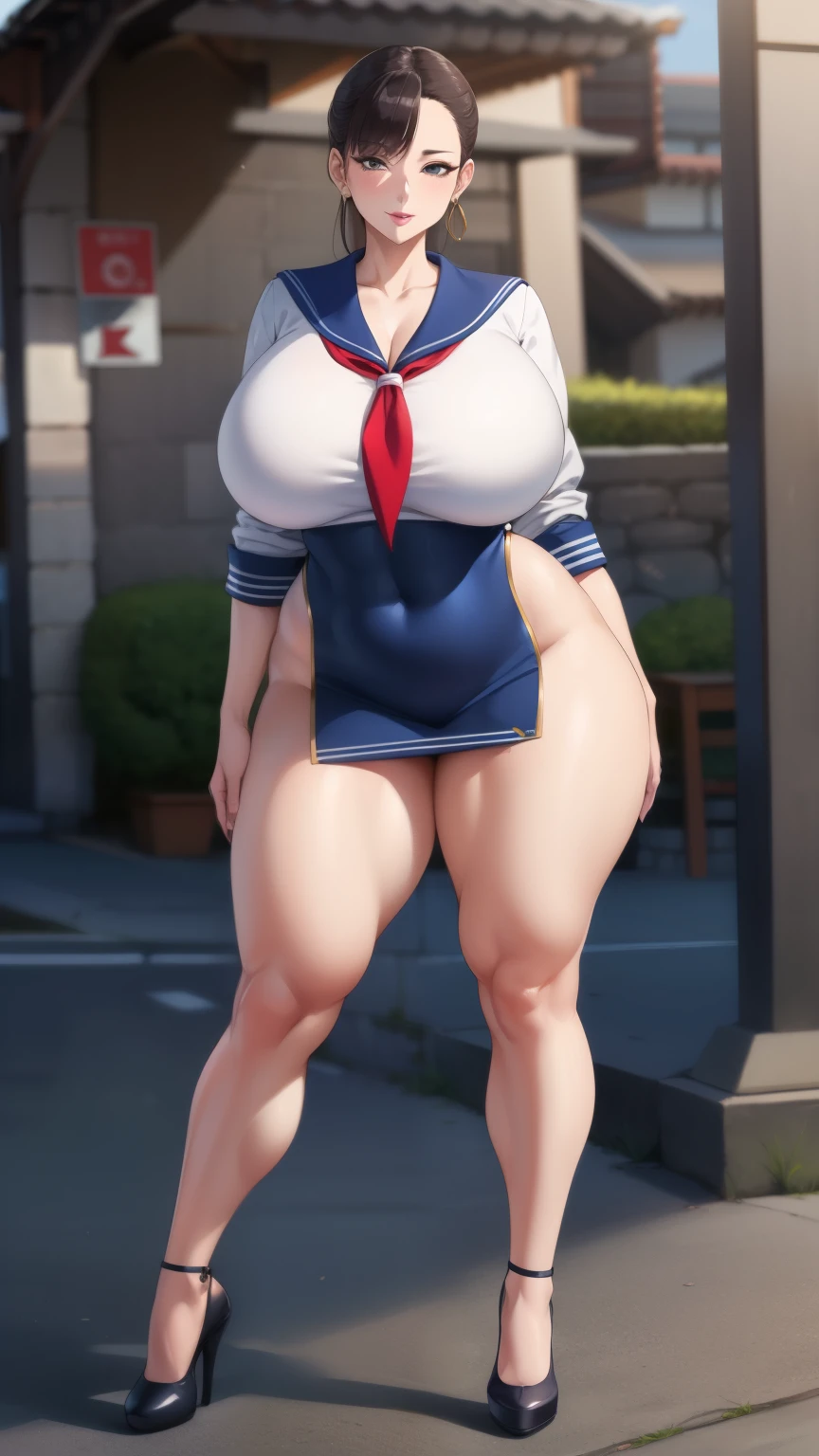 Big Breasts, Big Hips, Full Body Shot, Mature mother, Voluptuous thighs, Full calf, Seductive mature woman, Perfect body, Plus Size Model, Sailor suit, Wearing high heels,Miniskirt uniform,