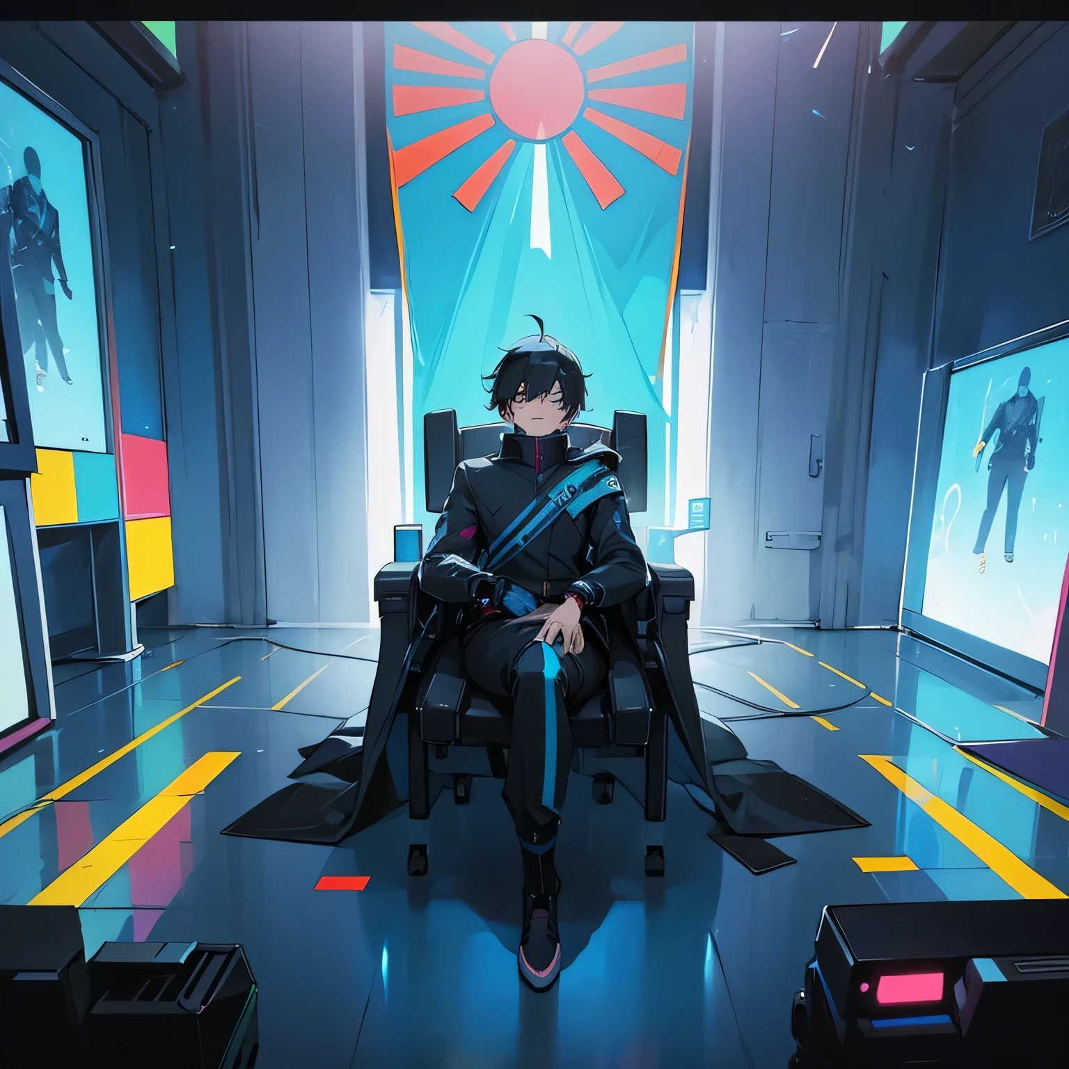An anime boy with black hair and futuristic clothing in a room playing video games , This room has very bright colors and LED lights. In the room there is a painting with the flag of Guatemala, but you can notice the flag.