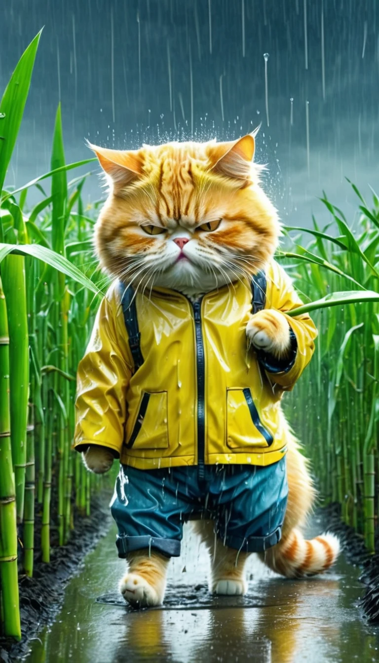 Poor orange fat cat, old pants, a yellow jacket cutting sugarcane in the fields, heavy rain, wind, strong thunder, 8k