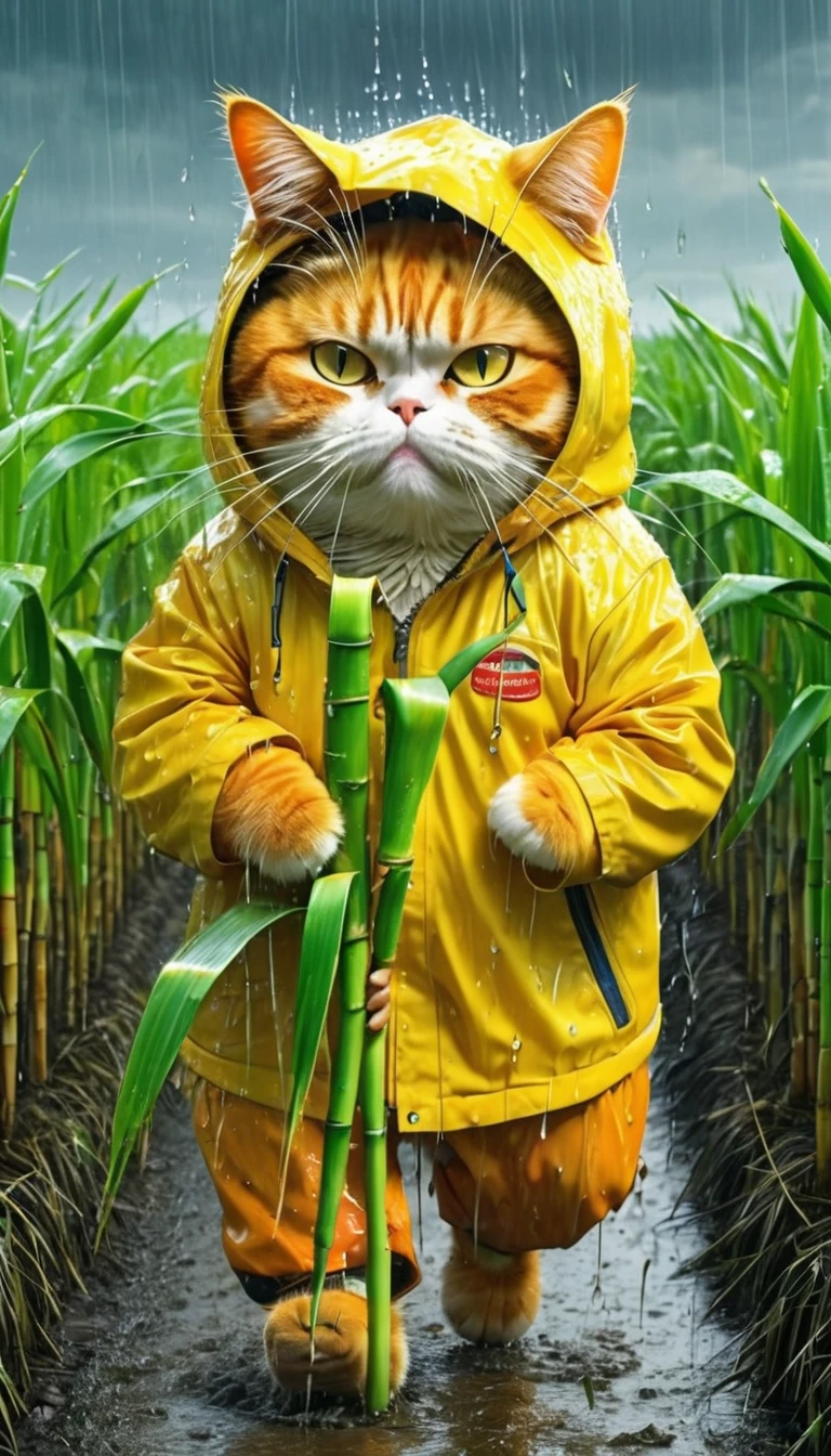 Poor orange fat cat, old pants, a yellow jacket cutting sugarcane in the fields, heavy rain, wind, strong thunder, 8k