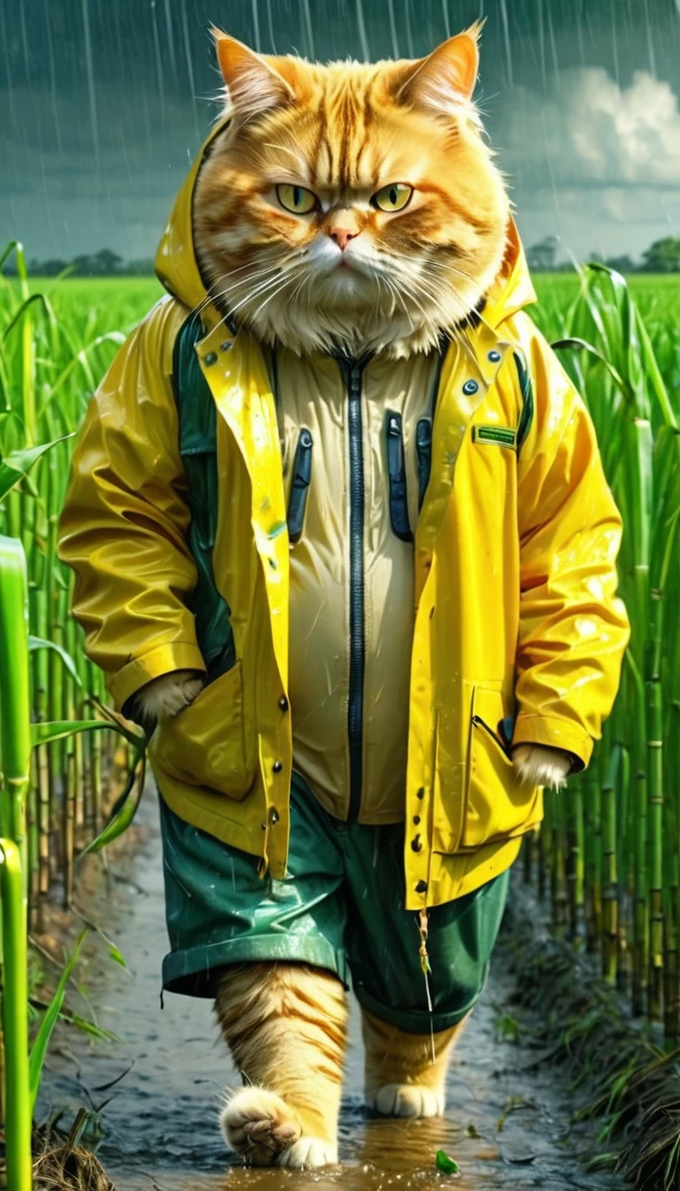 Poor orange fat cat, old pants, a yellow jacket cutting sugarcane in the fields, heavy rain, wind, strong thunder, 8k