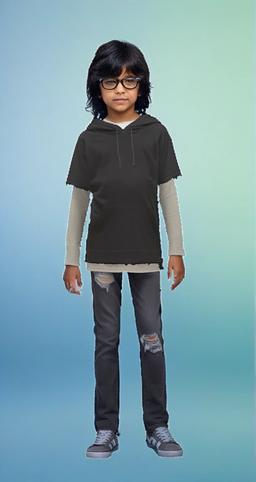 cute 12-years-old brazilian kid boy, long black hair, black hoodie with long white sleeves, gray jeans ripped at the knees, gray sneakers, glasses, full body