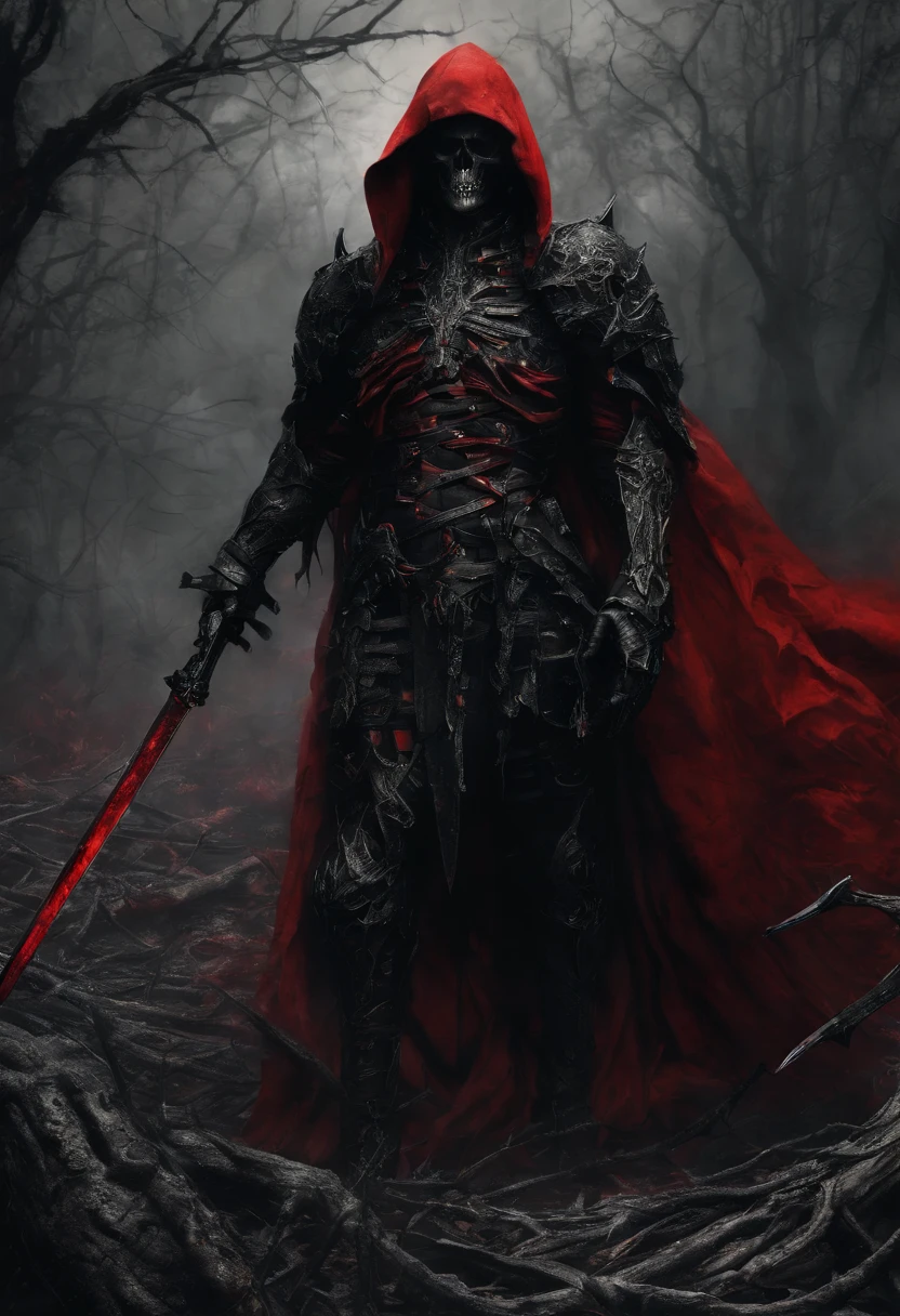 A character standing in a forest with leafless trees. He is wearing a dark coat with red accents and is wearing a crown on his head. From the character's body and arms, dynamic blood swirls emanate from him creating an almost circular pattern around him. The pools of blood seem to emanate from the character's being, suggesting a sense of supernatural power or ability. The character is also holding a sword in his right hand, pointing down. The overall atmosphere of the image is dark and melancholic, with the red elements providing a stark contrast to the gray tones of the forest and sky.