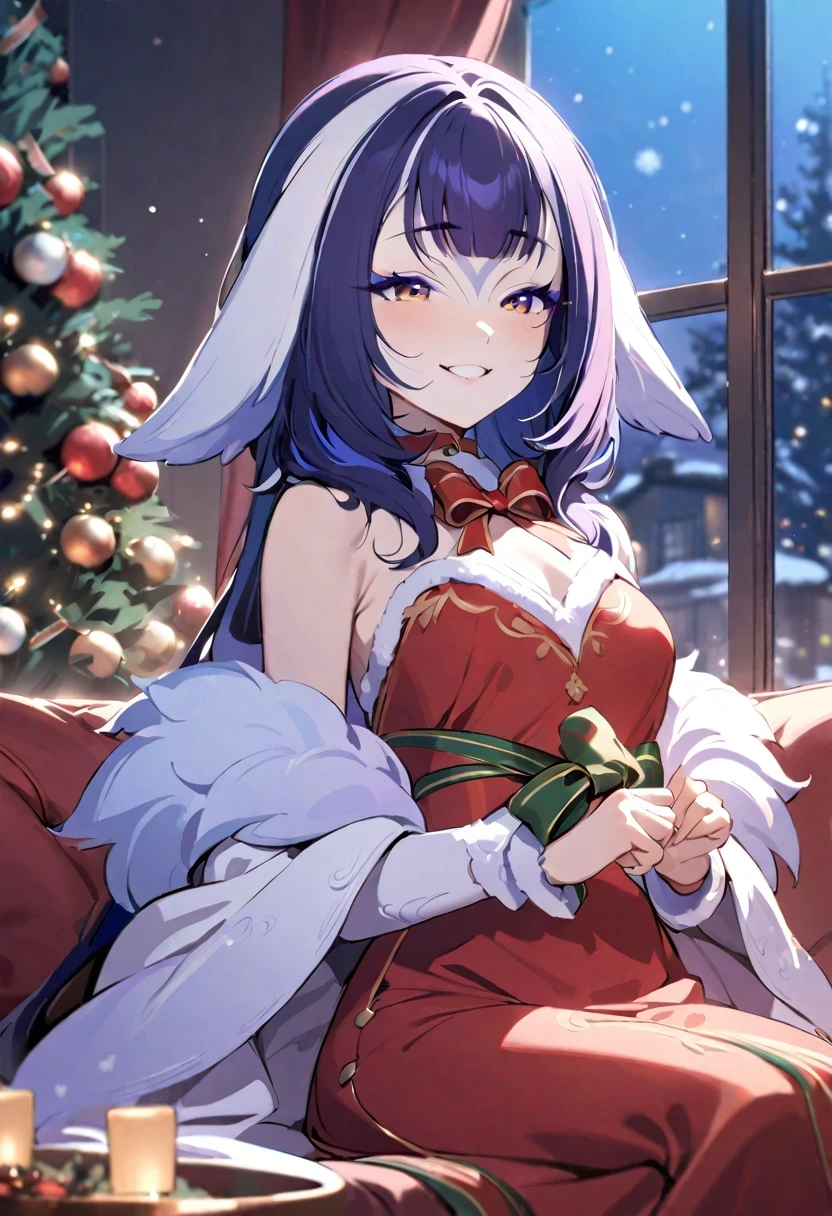 <lora:3DXR_V1:1.00>, 3DXR, 3DMM,,<lora:HolidayIdidalittlebit:1.00>, holidayxl style,, solo focus, catgirl, very large cat ears, cat tail, purple-gold gradient eyes, purple-black hair, short hair, curly hair, medium breasts, cleavage, exposed shoulders, hair between eyes, crossed bangs, neck ribbon, open mouth smile with fang, Night, Snowmen, Winter, Holiday, Christmas, String Lights, <lora:HUGGY-000008:1.00>, couple, 1boy, 1girl, hug from behind,, Private Jet
