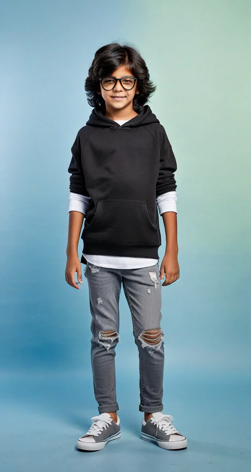 cute 12-years-old brazilian ??? boy, long black hair, black hoodie with long white sleeves, gray jeans ripped at the knees, gray sneakers, glasses, full body
